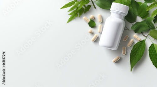 Bottle and scattered pills on a colored background, top view. Set of scattered capsules. Medicine concept in capsule pharmacy