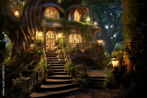 fantasy house in forest, 3D rendering of a fairy tale house in the forest at night, Fantasy houses in magic forest