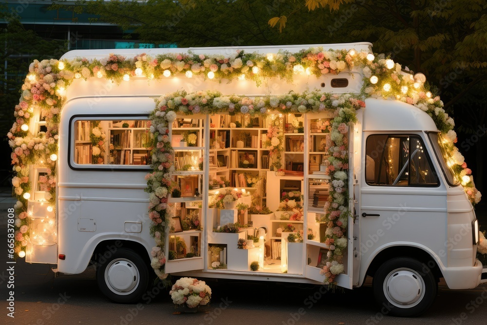 whimsical open library, caravan library decorated with flowers and garlands, beautiful mobile library