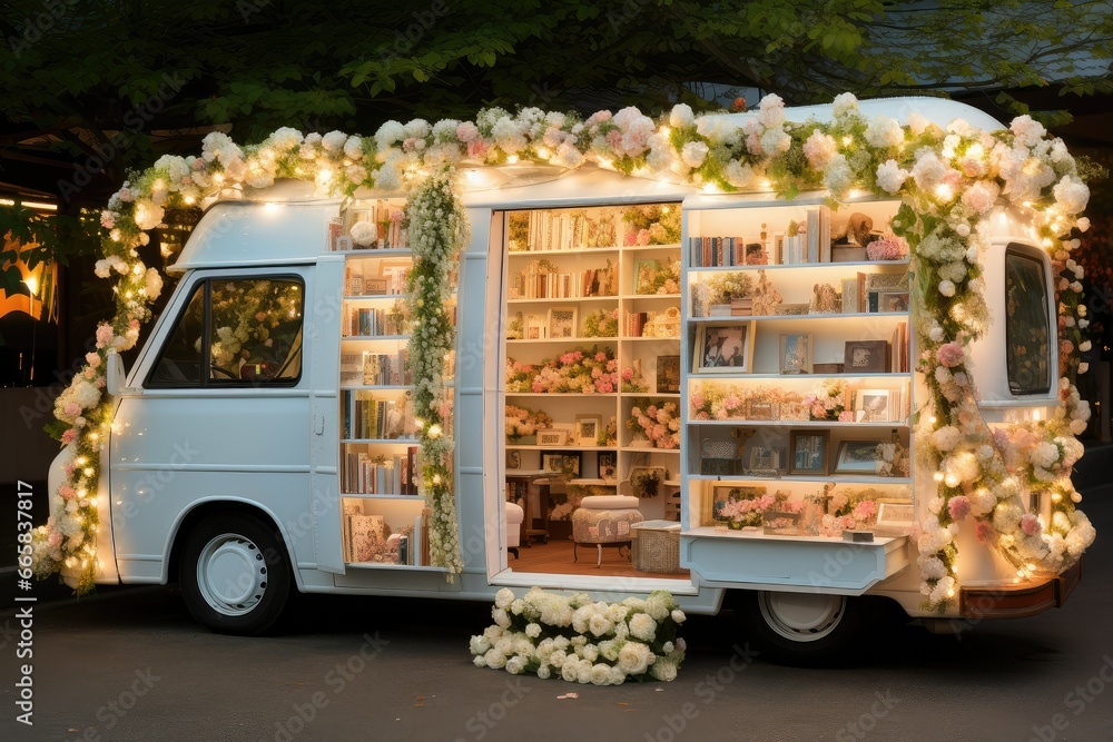 Food truck magically transformed into a library decorated with flowers and garlands, sophisticated mobile library
