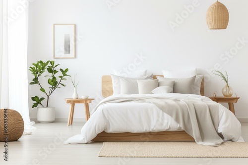 Minimalistic, airy bedroom adorned with a white palette. Inspired by Scandinavian design, featuring a cozy bed, fresh sheets, and a vibrant house plant. Generative AI