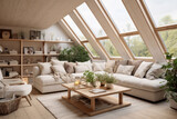 Interior of modern living room with sofa and coffee table in attic