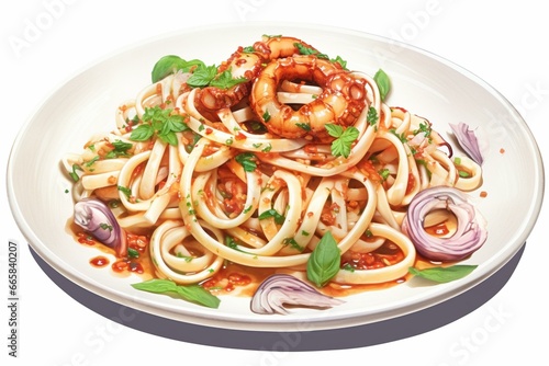 Illustration of spaghetti with seafood calamari. Generative AI