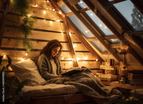 A girl reading a book in a log cabin with lights in the background.
