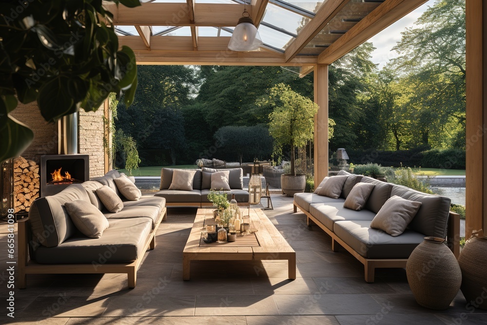 Outdoor Extension: Depict a modern living room flowing into an outdoor ...