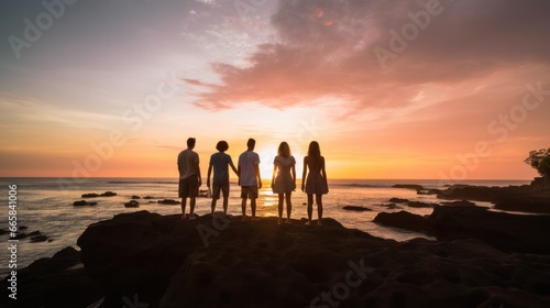 Captivating image of a group of travelers standing in awe of a stunning sunset