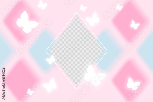 y2k aura aesthetic background. Pink blue white colors. Soft pastel girly graphic illustration with rhombus and butterflies. With place for photo. Can be used as wallpaper.