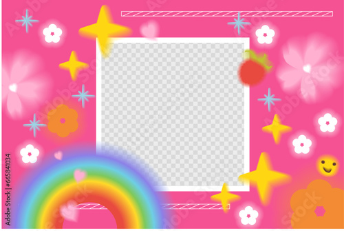Hot pink crazy acid y2k aura aesthetic background. Bold graphic illustration with stars, flowers, rainbow. With place for photo. Can be used as wallpaper. Stock vector illustration with kawaii modern 