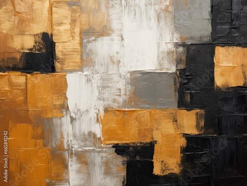 An up-close view of an abstract dark gold and black art texture, highlighting oil and acrylic brushstrokes, palette knife work, and geometric spatula techniques on canvas.Background