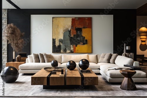 Art Lover's Haven: Depict a modern living room with curated artwork as the centerpiece, complemented by sculptural furniture that echoes the visual narrative.