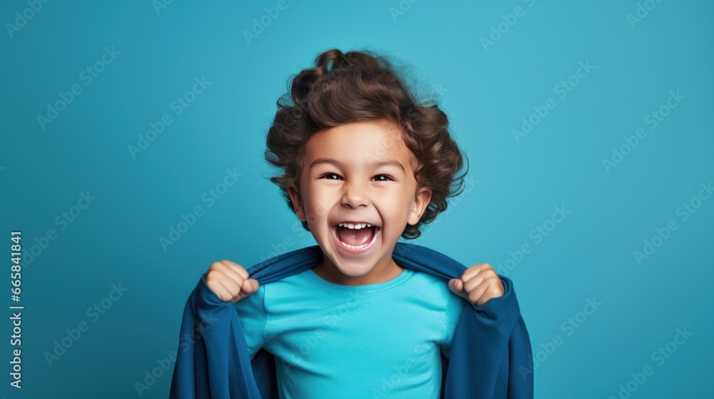 A young boy wearing a superhero costume stands in a triumphant pose A young boy wearing a superhero costume stands in a triumphant pose