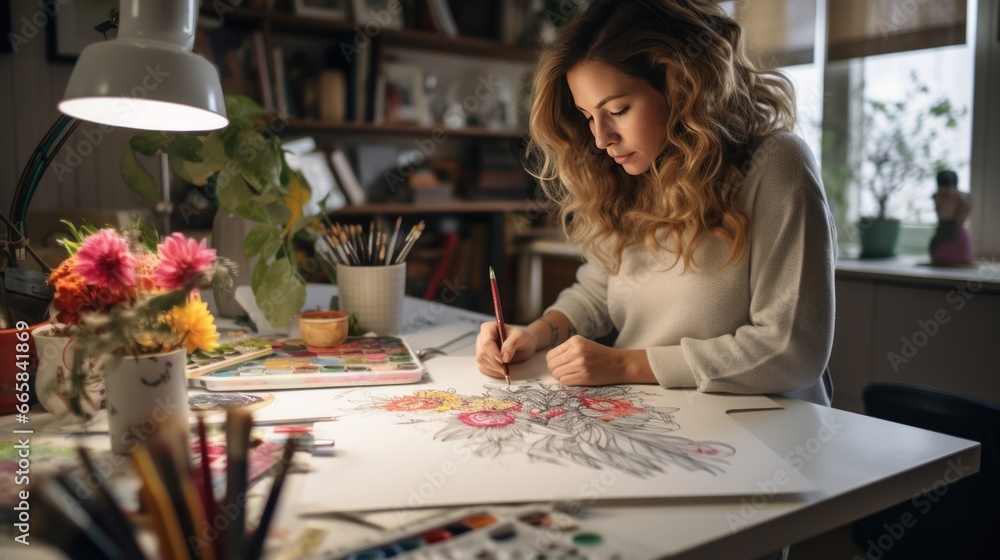 Fototapeta premium Female artist who uses colored pencils to create stunning sketches in her studio