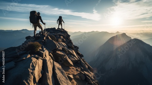 Breathtaking photo of adventurous hikers reaching the summit of a mountain peak © olegganko