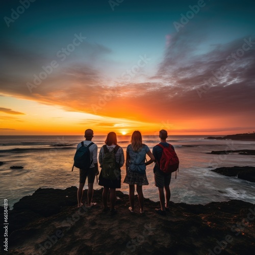 Captivating image of a group of travelers standing in awe of a stunning sunset