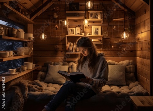 A girl reading a book in a log cabin with lights in the background