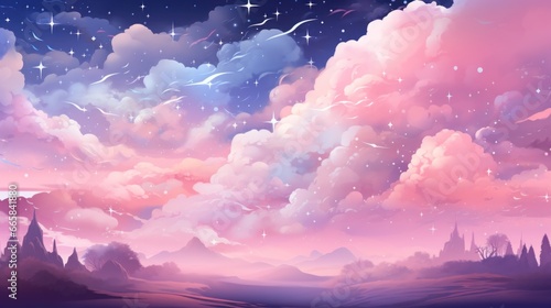 Blue and pink cloudy sky with white stars