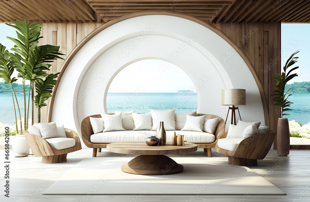 Obraz na płótnie Coastal interior design of modern living room with wooden rustic elements, minimal style w salonie