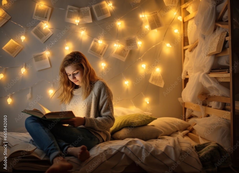 A girl reading a book in a log cabin with lights in the background. A girl reading a book in a log cabin with lights in the background.