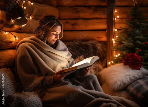 A girl reading a book in a log cabin with lights in the background.