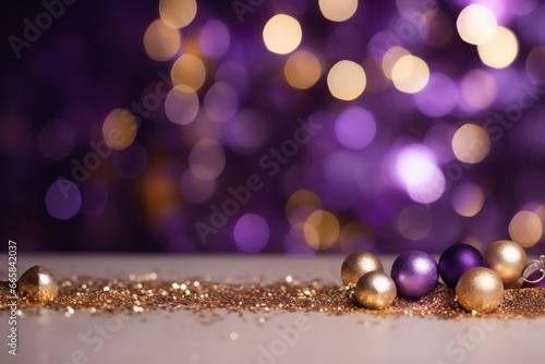 Celebrate the New Year with a violet and Gold Abstract Bokeh Background with copy space