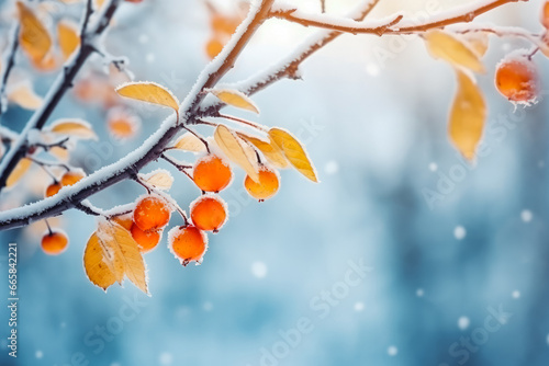 Beautiful branch with orange and yellow leaves in late winter, snowy forest in winter season, snowy weather, december vibes photo