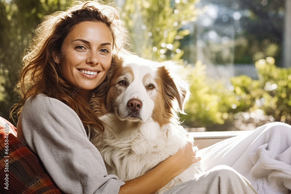 Caucasian woman relaxing with her dog at home, cuddling with a pet, hugging with a dog, being cozy with a pet dog Caucasian woman relaxing with her dog at home, cuddling with a pet, hugging with a dog, being cozy with a pet dog