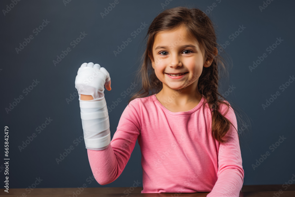 Cute little girl with white arm cast, broken bone in arm, child with