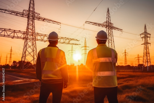 Engineer worker and technician inspecting electrical tower with beautiful sunset in the background, technical maintenance in the making