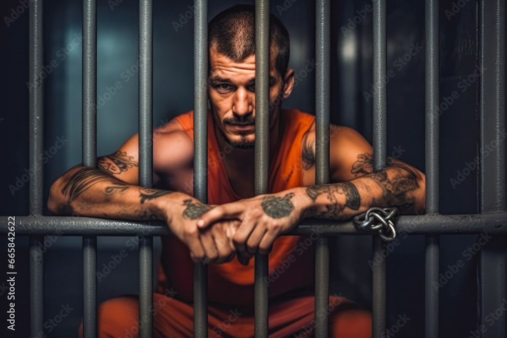 Portrait of prisoner behind bars, criminal serving his death row, man