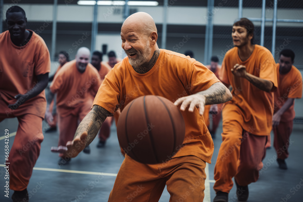 Prisoners playing basketball outside on prison's yard and enjoying fresh air, closed in prison institution, locked up in jail