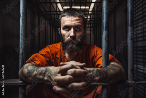Portrait of prisoner behind bars, criminal serving his death row, man behind bars, closed in prison institution, locked up in jail