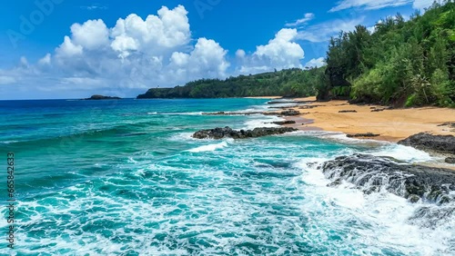 Low-flying drone view of a Hawaiian beach with blue water, golden sand and black volcanic rock, with gentle waves washing up on the beach