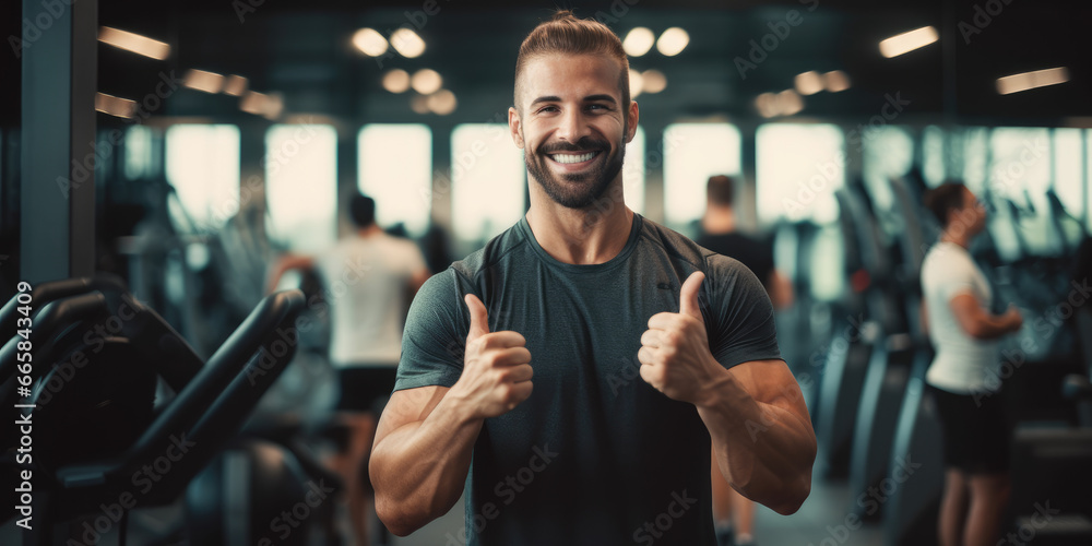 A fitness coach, in a gym setting, enthusiastically holds both thumbs up, exuding positivity and motivation, with a blurred gym background. - obrazy, fototapety, plakaty 