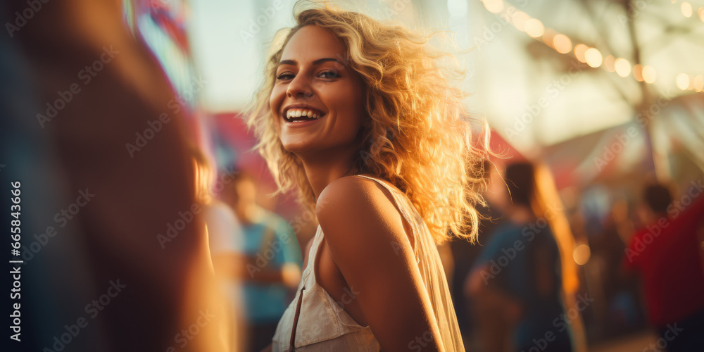 A joyful woman at a lively event, with a blurred background highlighting her free-spirited vibe.Festival Concept