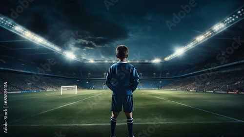 Determined Stance: Young Soccer Player Under Stadium Spotlight. Generative ai