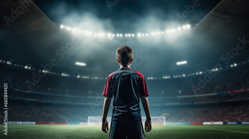 Determined Stance: Young Soccer Player Under Stadium Spotlight. Generative ai © Scrudje