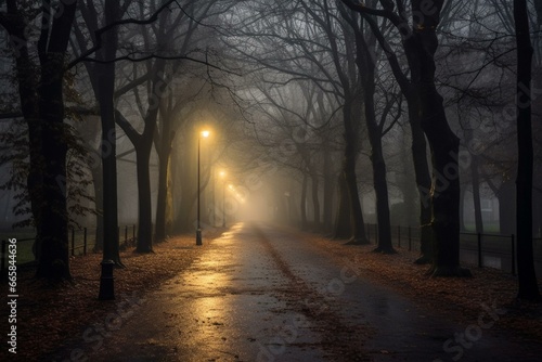 A misty and dimly lit road through a park. Generative AI