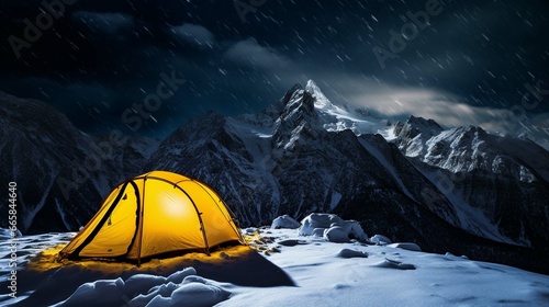 Yellow Tent on snow at Night in High Altitude Alpine Landscape