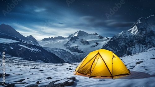 Yellow Tent on snow at Night in High Altitude Alpine Landscape © Ahtesham