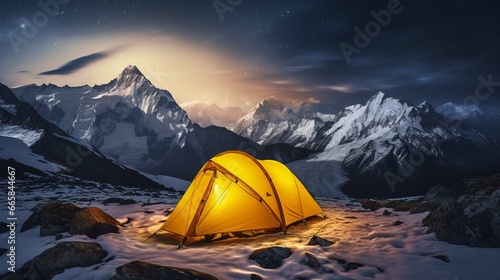 Yellow Tent on snow at Night in High Altitude Alpine Landscape