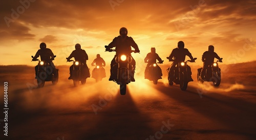 Riding Into the Sunset: Bikers' Brotherhood. Generative ai © Scrudje