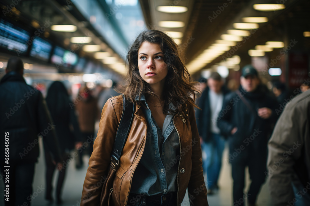 In a busy train station, a confident woman stands on the bustling platform, meeting the camera's gaze amidst a sea of hurried commuters and the urban pulse of city life