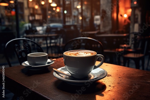 Coffee on Table in a Cozy Cafe, People-Free Photograph