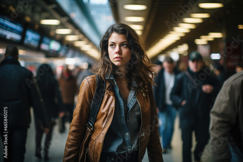 In a busy train station, a confident woman stands on the bustling platform, meeting the camera's gaze amidst a sea of hurried commuters and the urban pulse of city life