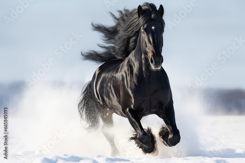 Black Horse Running Across Snow on a Snowy Meadow