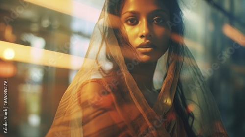 pretty indian Street dreamy photo sad woman model window looking camera portrait reflection glare