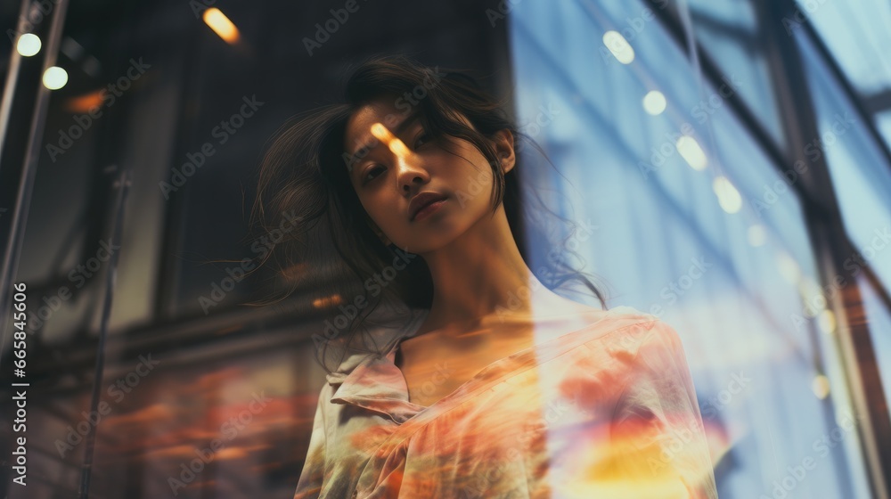 asian thai Street dreamy photo sad woman model window looking at camera portrait reflection glare asian thai Street dreamy photo sad woman model window looking at camera portrait reflection glare