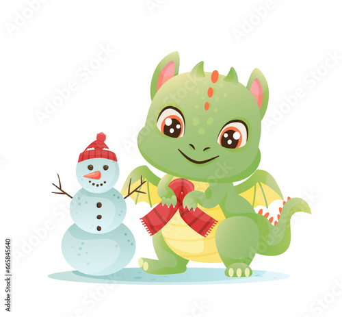 Cute cartoon green dragon with a snowman. New year 2024 vector on a white background. Winter activity for kids.