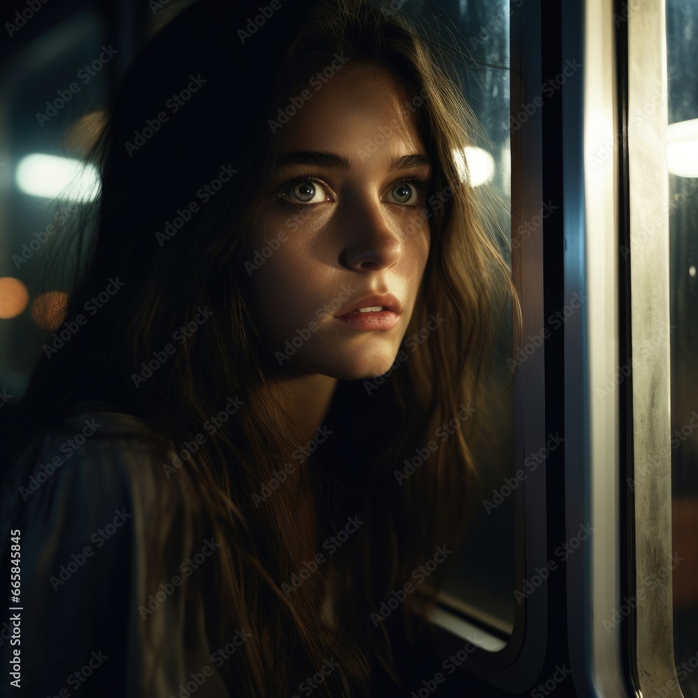 Street dreamy photo sad woman model window looking at camera portrait reflection glare Street dreamy photo sad woman model window looking at camera portrait reflection glare