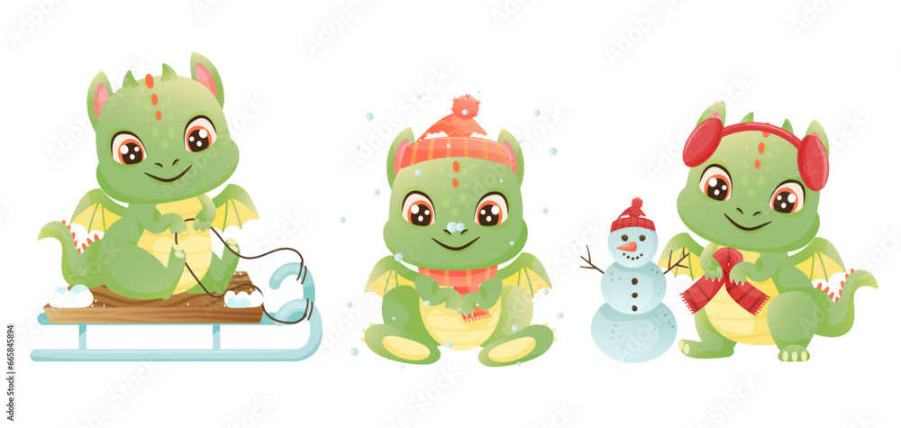 Fototapeta premium Winter green dragons characters. Cute cartoon dragons playing. Sledge, snowman, hat, scarf. New Year 2024 animal.